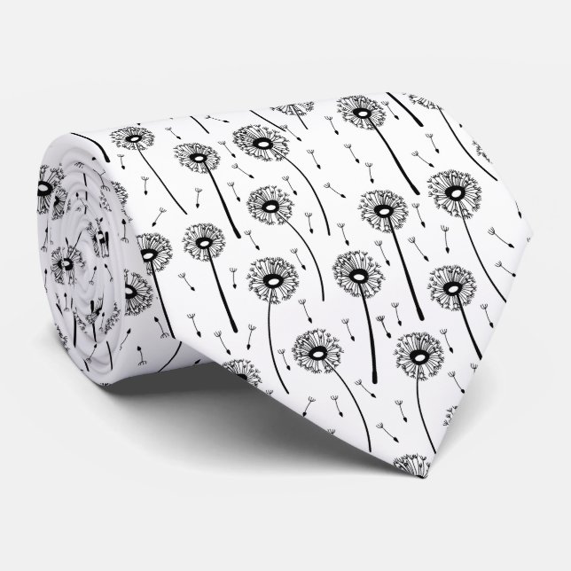 Black and white bohemian dandelions pattern neck tie (Rolled)