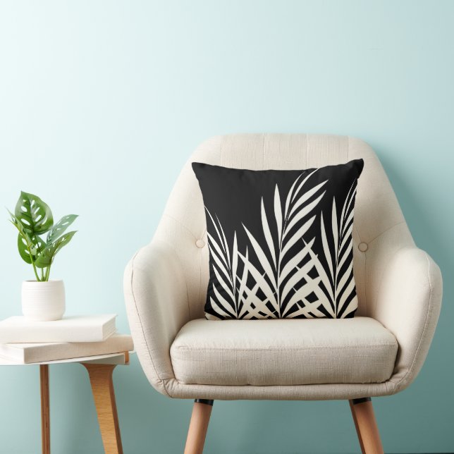 Black And White Boho Chic Palm Leaves Throw Pillow (Chair)