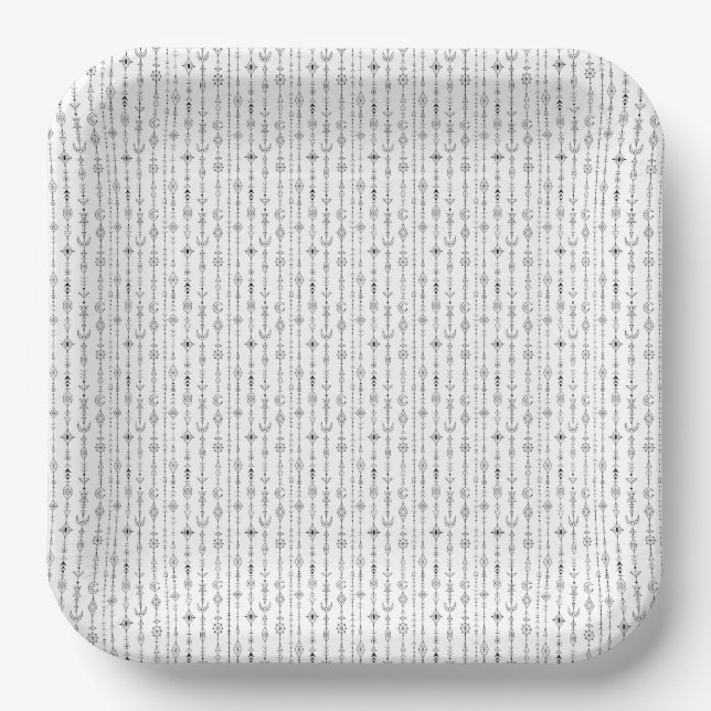 Black and white boho doodle abstract pattern paper plates (Front)