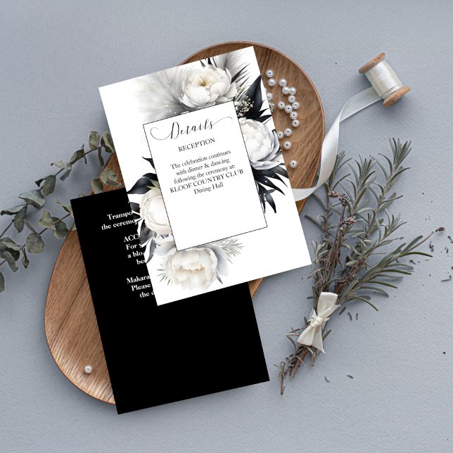 Black and white boho elegant wedding details enclosure card (Black and white boho elegant wedding details enclosure card white peonies black foliage modern card)