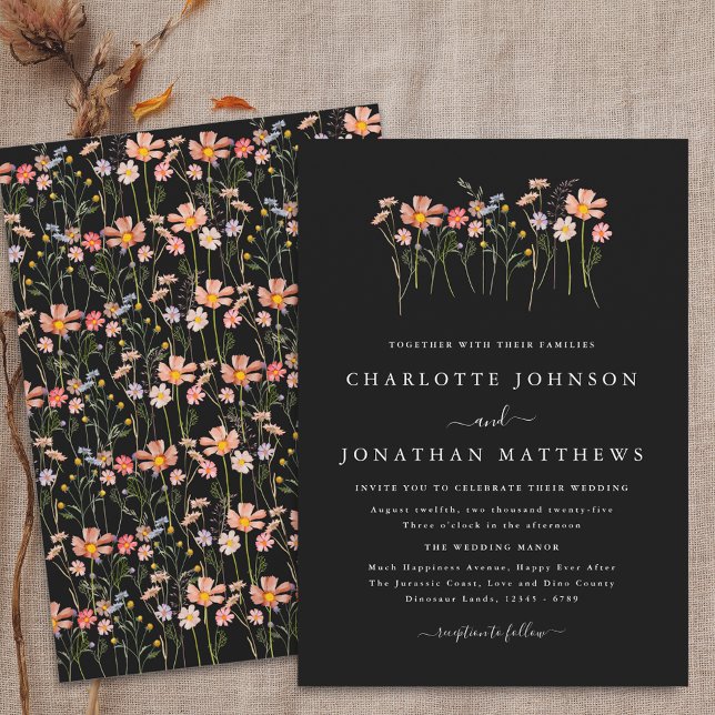Black and White Boho Fall Wildflower Wedding Invitation (Boho fall Wildflower floral black and white Wedding invitation simple Watercolor autumn flowers)