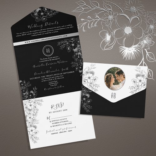 Black and White Boho Floral Wedding All In One Invitation