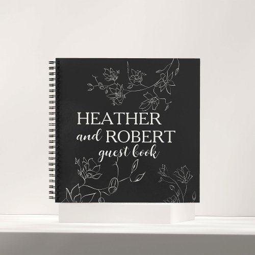 Black and White Boho Floral Wedding Guest Book 