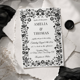 Black and White Boho Floral Wedding Invitation