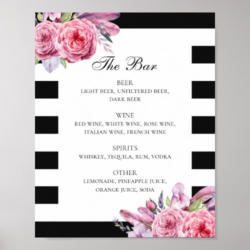 Black and white boho flower  feathers wedding bar poster