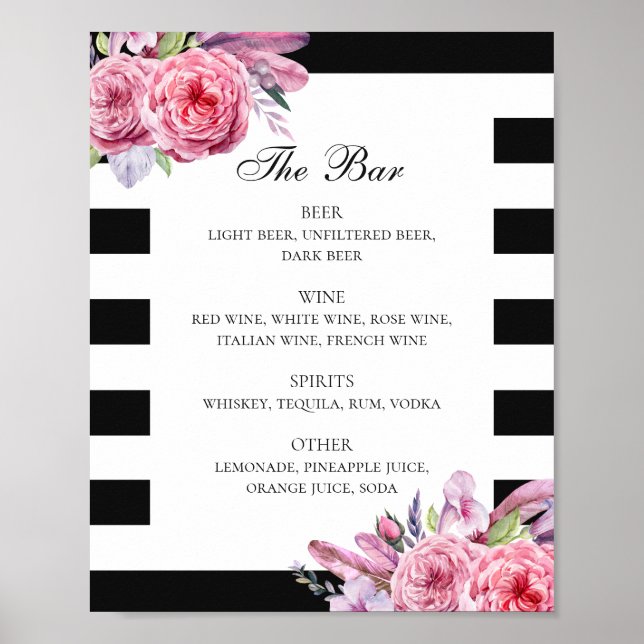 Black and white boho flower & feathers wedding bar poster (Front)