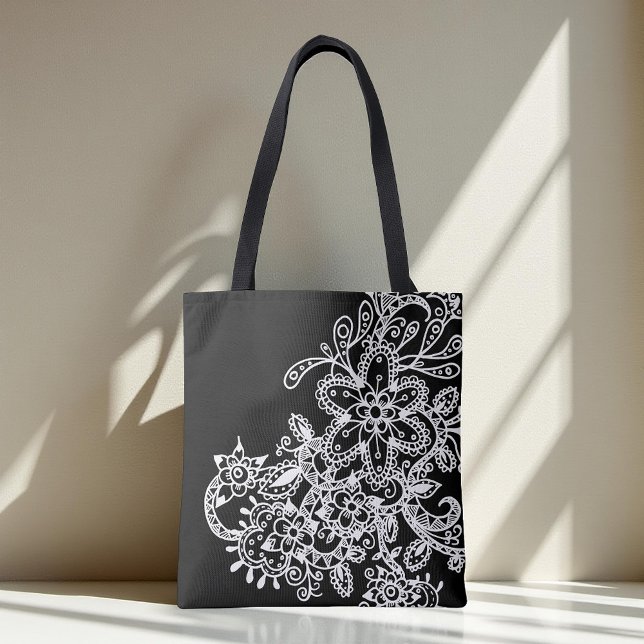 Black and White Boho Flower Lace Mandala Doodle Tote Bag (Creator Uploaded)