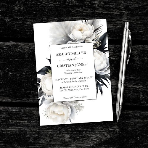 Black and white boho flowers elegant wedding invitation