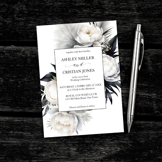 Black and white boho flowers elegant wedding invitation (Black and white elegant boho flowers elegant wedding editable template invitation digital download)