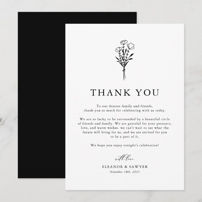 Black and White Boho Minimalist Botanicals Wedding Thank You Card (Front/Back)