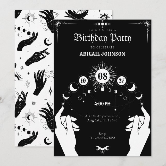 Black and white Boho Moon mystical hand birthday Invitation (Front/Back)