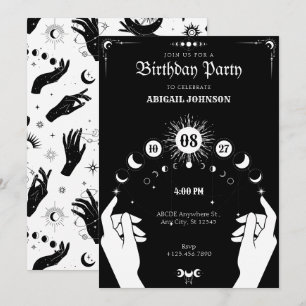 Black and white Boho Moon mystical hand birthday Invitation