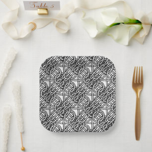Black and white boho style knotted rope pattern paper plates