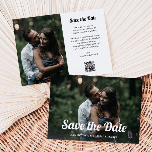 Black and White Boho  Two Photo and QR Code Save The Date