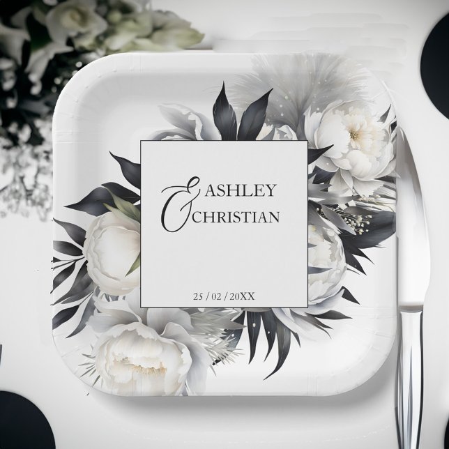 Black and white boho wedding tableware template paper plates (Black and white boho wedding personalized tableware template paper plates elegant white peonies)