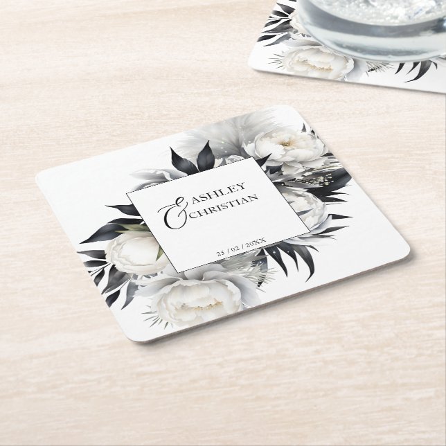 Black and white boho wedding tableware template square paper coaster (Angled)
