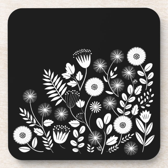 Black and White Boho Wildflower  Beverage Coaster (Front)