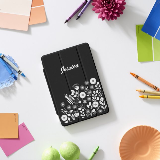 Black and White Boho Wildflower  iPad Mini Cover (In Situ)