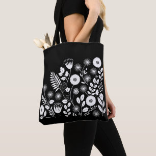 Black and White Boho Wildflower  Tote Bag
