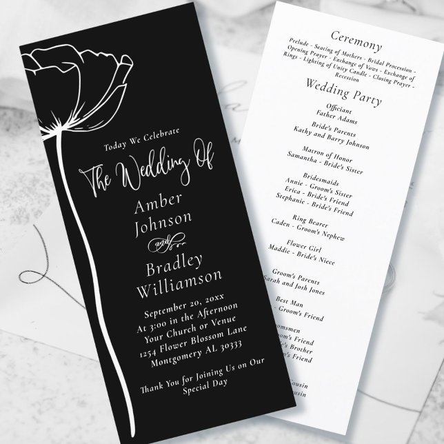 Black and White Bold Floral Modern Simple Wedding  Program (Creator Uploaded)