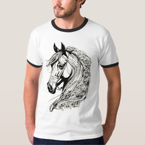 Black and white bold line drawing Horse T_Shirt