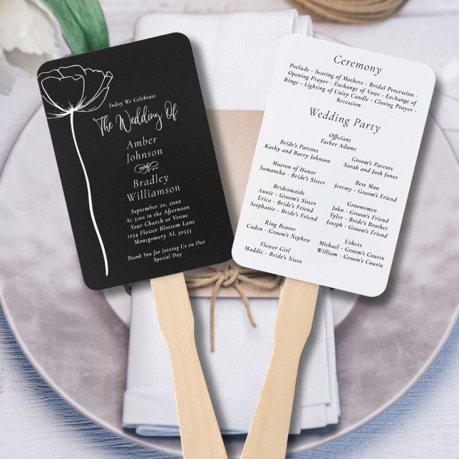Black and White Bold Minimal Modern Floral Program Hand Fan (Creator Uploaded)