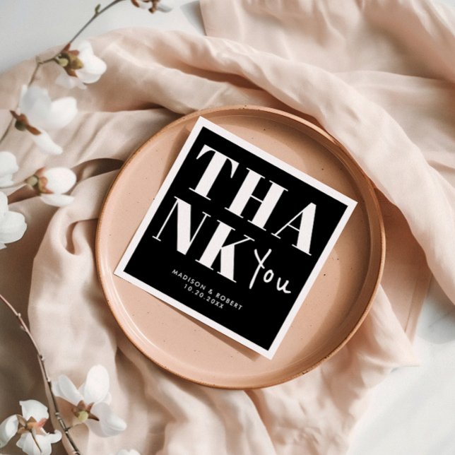 Black and White Bold Minimalist Thank You Wedding Napkins (Creator Uploaded)