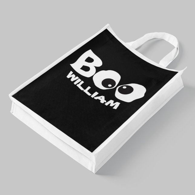 Black and White Boo Halloween Trick or Treat Grocery Bag (Black and white custom trick or treat bags. )