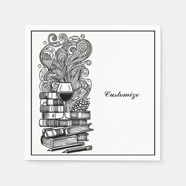 Black And White Books And Wine 2   Napkins (Front)