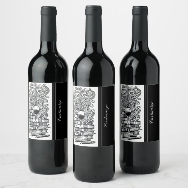 Black And White Books And Wine 2 Wine Label (Bottles)