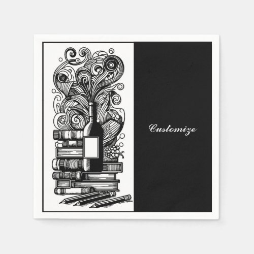 Black And White Books And Wine 3   Napkins