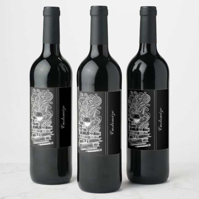 Black And White Books And Wine 3 Wine Label (Bottles)