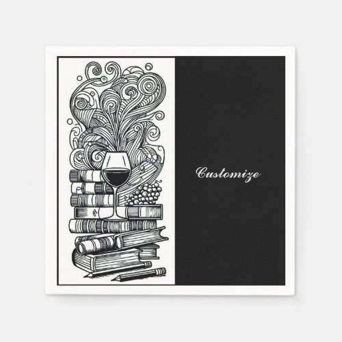 Black And White Books And Wine 4   Napkins