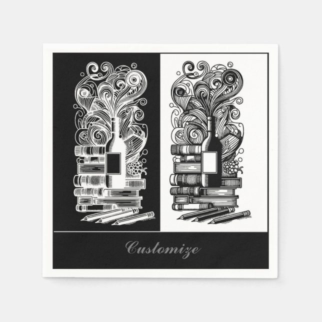 Black And White Books And Wine Napkins (Front)