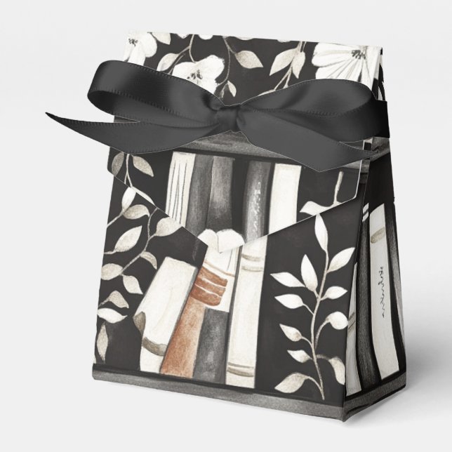 Black and White Books with Flowers on Bookshelf Favor Boxes (Front Side)