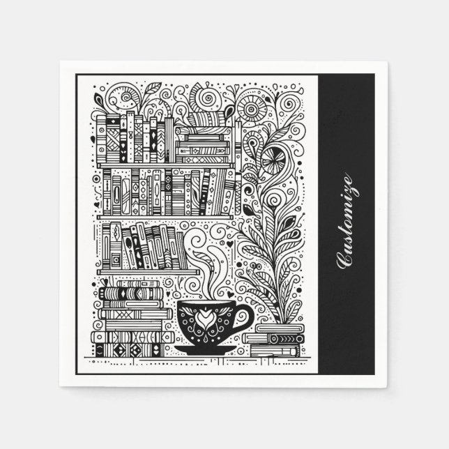 Black And White Bookshelves Doodle Napkins (Front)