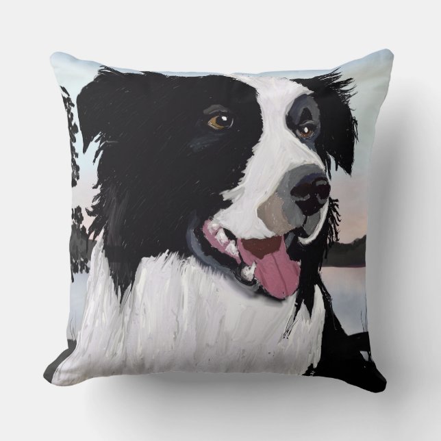Black and white Border Collie at Sunrise by Water Throw Pillow (Front)