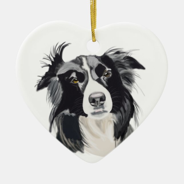 Black and White Border Collie Ceramic Heart New Ceramic Ornament (Front)