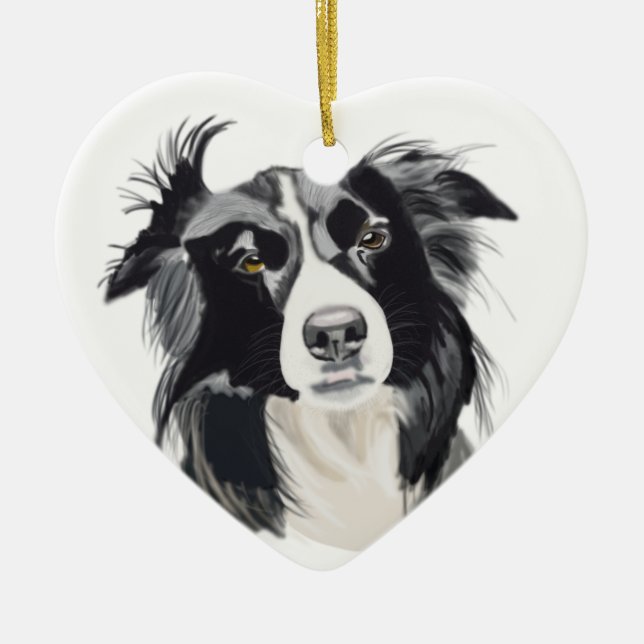 Black and White Border Collie Ceramic Heart New Ornament (Front)