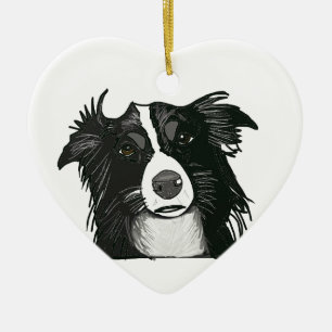 Black and White Border Collie Ceramic Heart Ornament