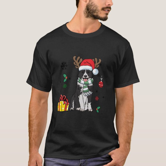 Black And White Border Collie Dog Santa Hat Merry  T-Shirt (Front)