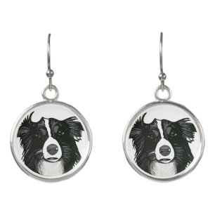 Black and White Border Collie Drop Earrings