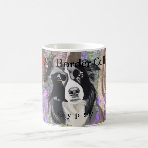 Black and White Border Collie in Bluebell Wood Coffee Mug