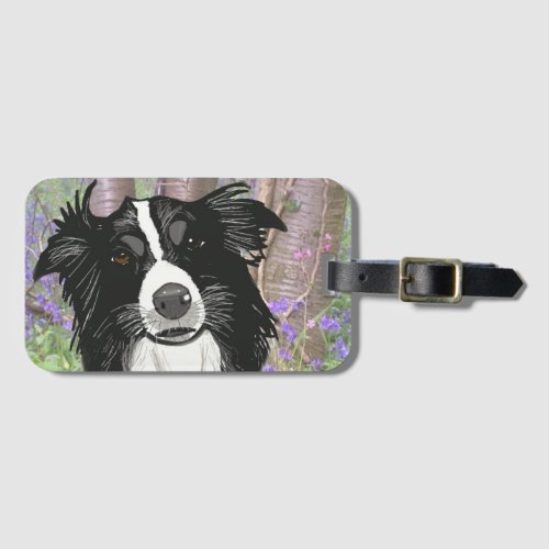 Black and White Border Collie in Bluebell Wood Luggage Tag
