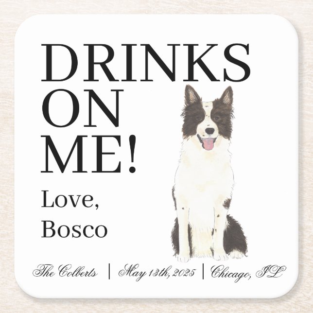 Black and White Border Collie Wedding Square Paper Coaster (Front)