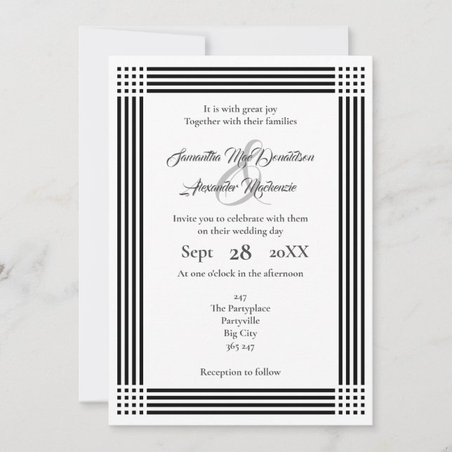 Black and white bordered wedding invitation (Front)