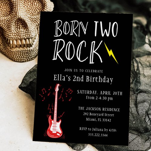 Black and White Born Two Rock Guitar 2nd Birthday Invitation