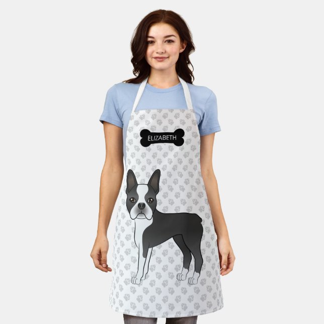 Black And White Boston Terrier Cartoon Dog & Name Apron (Worn)