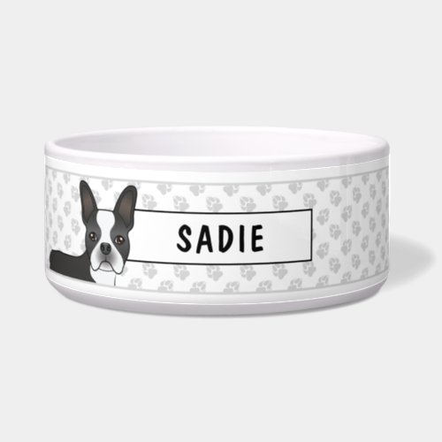 Black And White Boston Terrier Cartoon Dog  Name Bowl