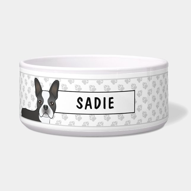 Black And White Boston Terrier Cartoon Dog & Name Bowl (Front)